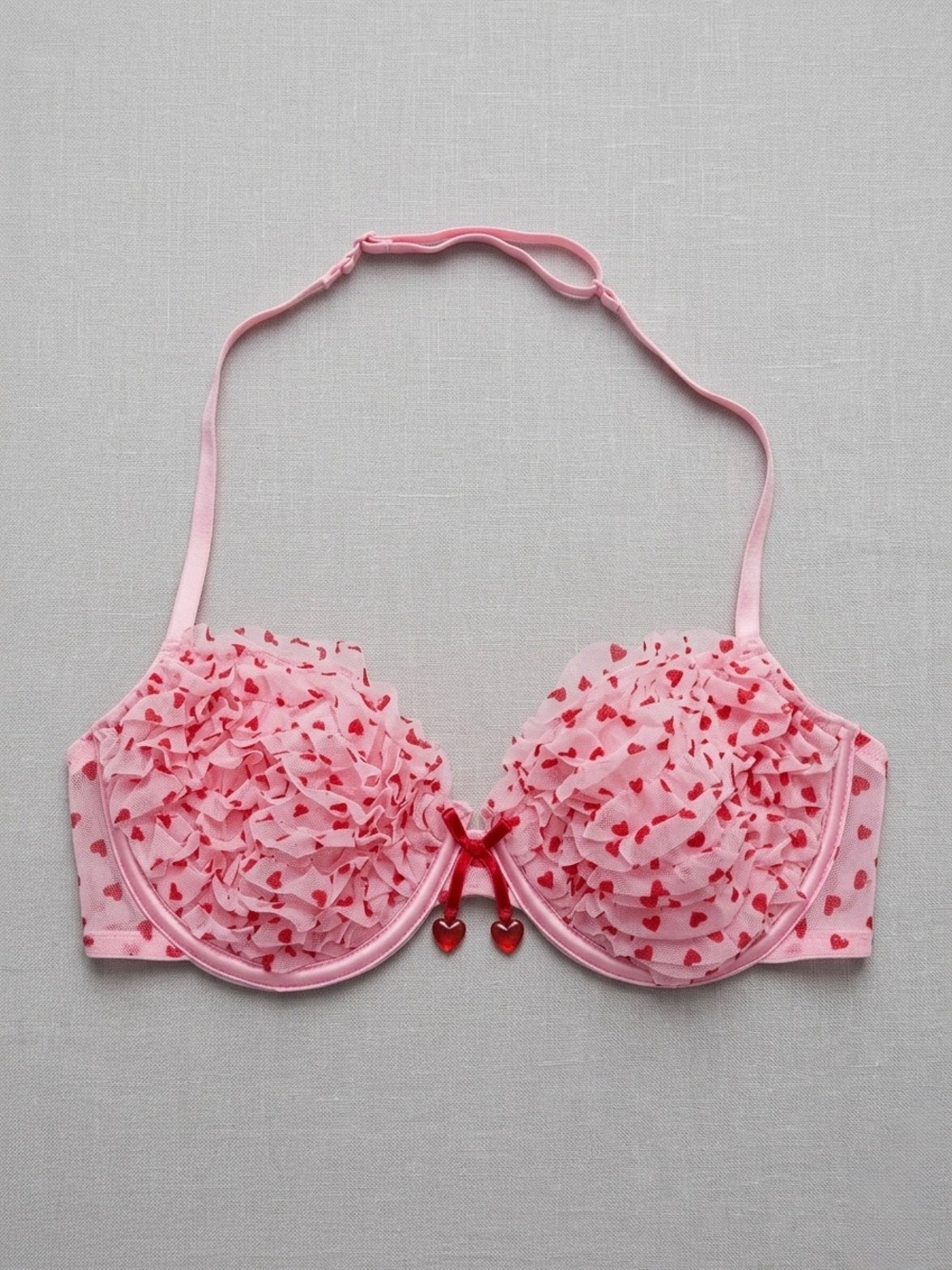 ๐3/33$ La SENZA Pink Ruffled Heart Print Push-Up Bra 32B - Picture 3 of 4